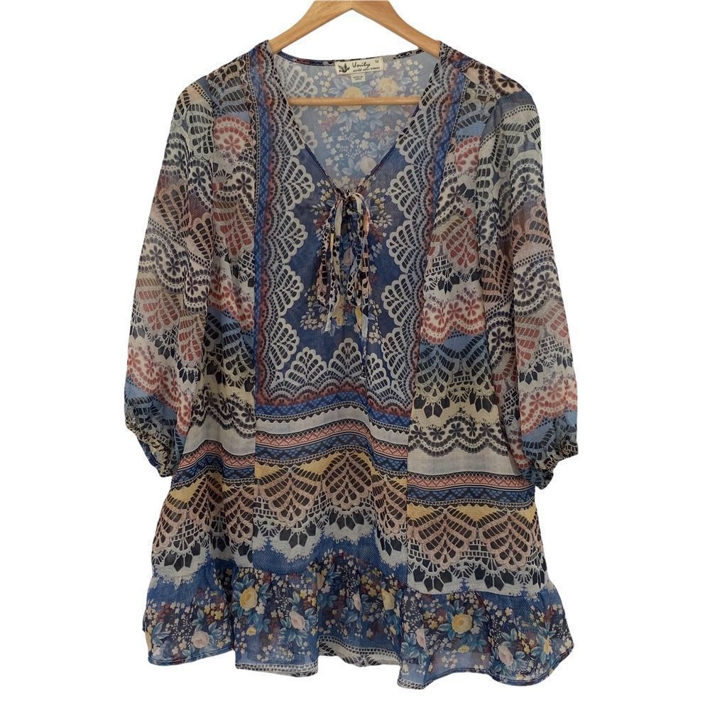 Unity semi sheer boho lace up peplum tunic top size 1x